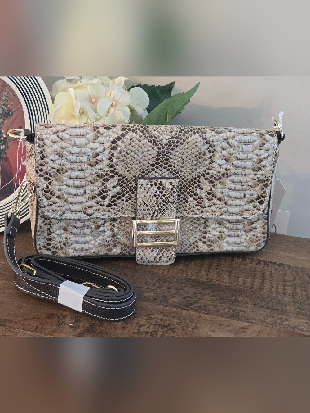 Divina Firenze Leather Snake Print Flap Over Baguette Crossbody Bag